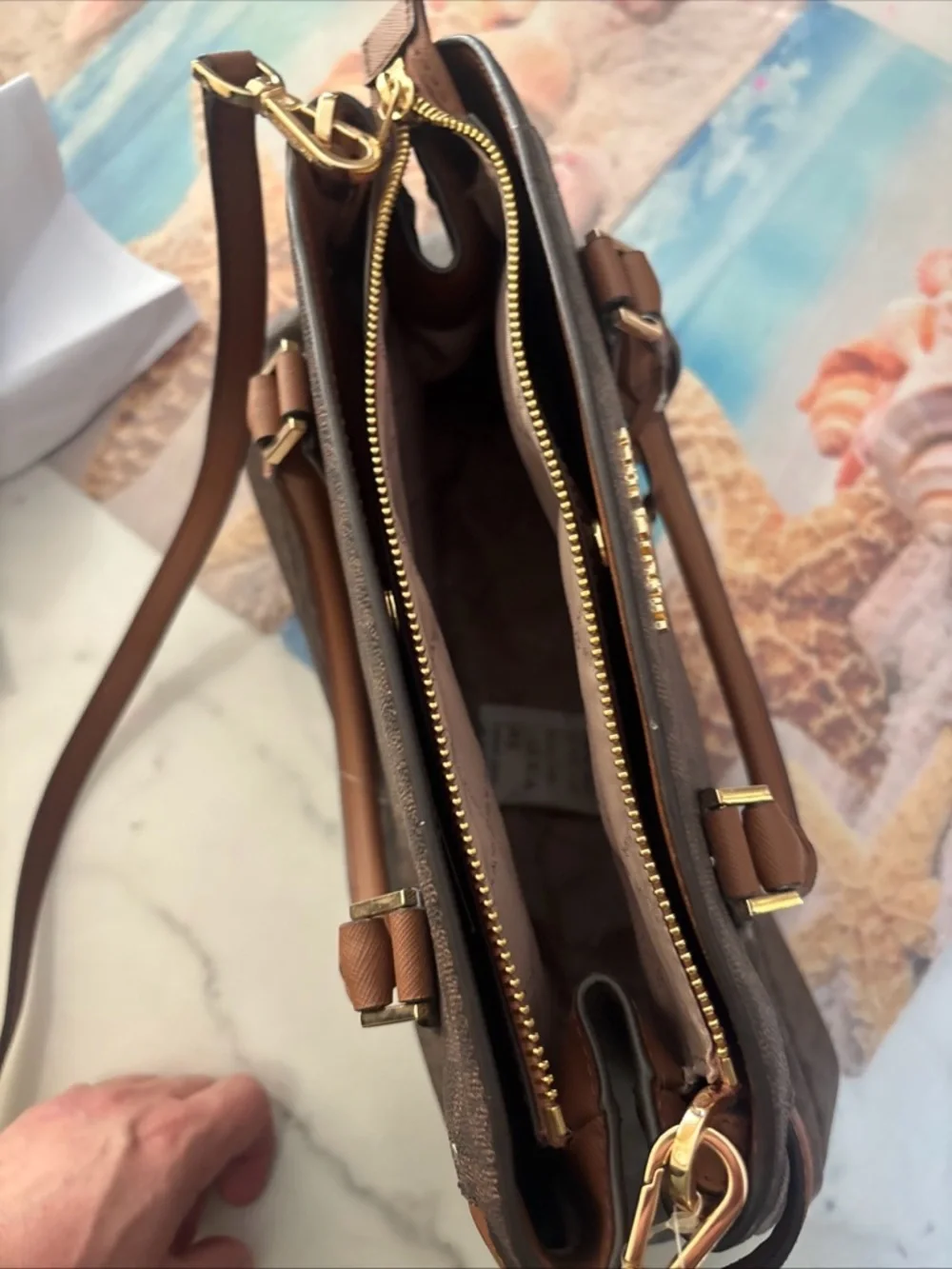 Michael Kors Brown Monogram Duffel with Tan Leather Trim - Picture 10 of 16